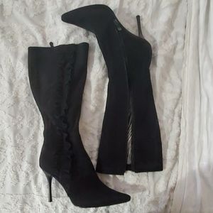 Baker suede black ruffled high heel boots